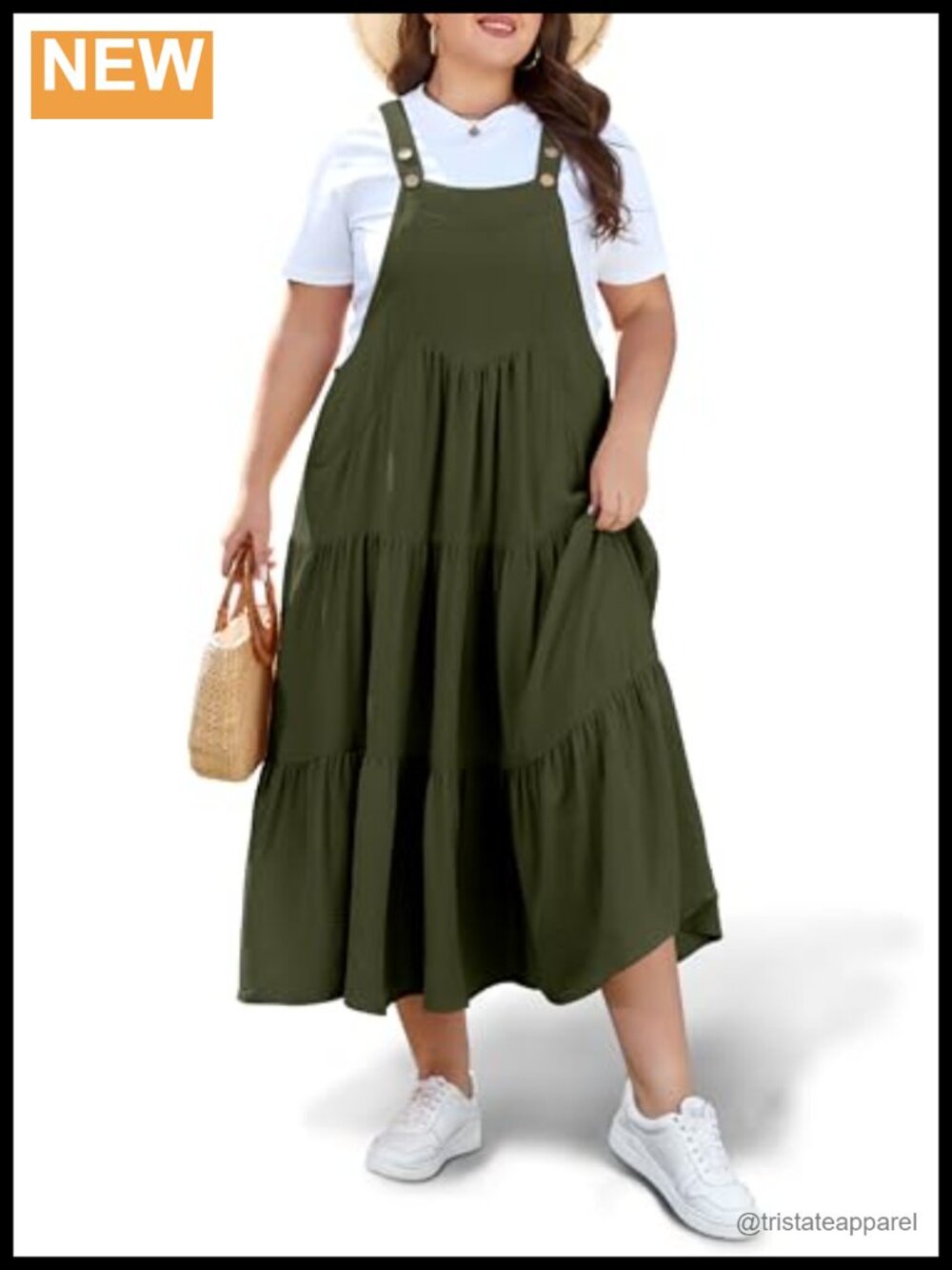 Plus Size Maxi Overall Dress, Tiered A-Line, Pockets, Adjustable Straps